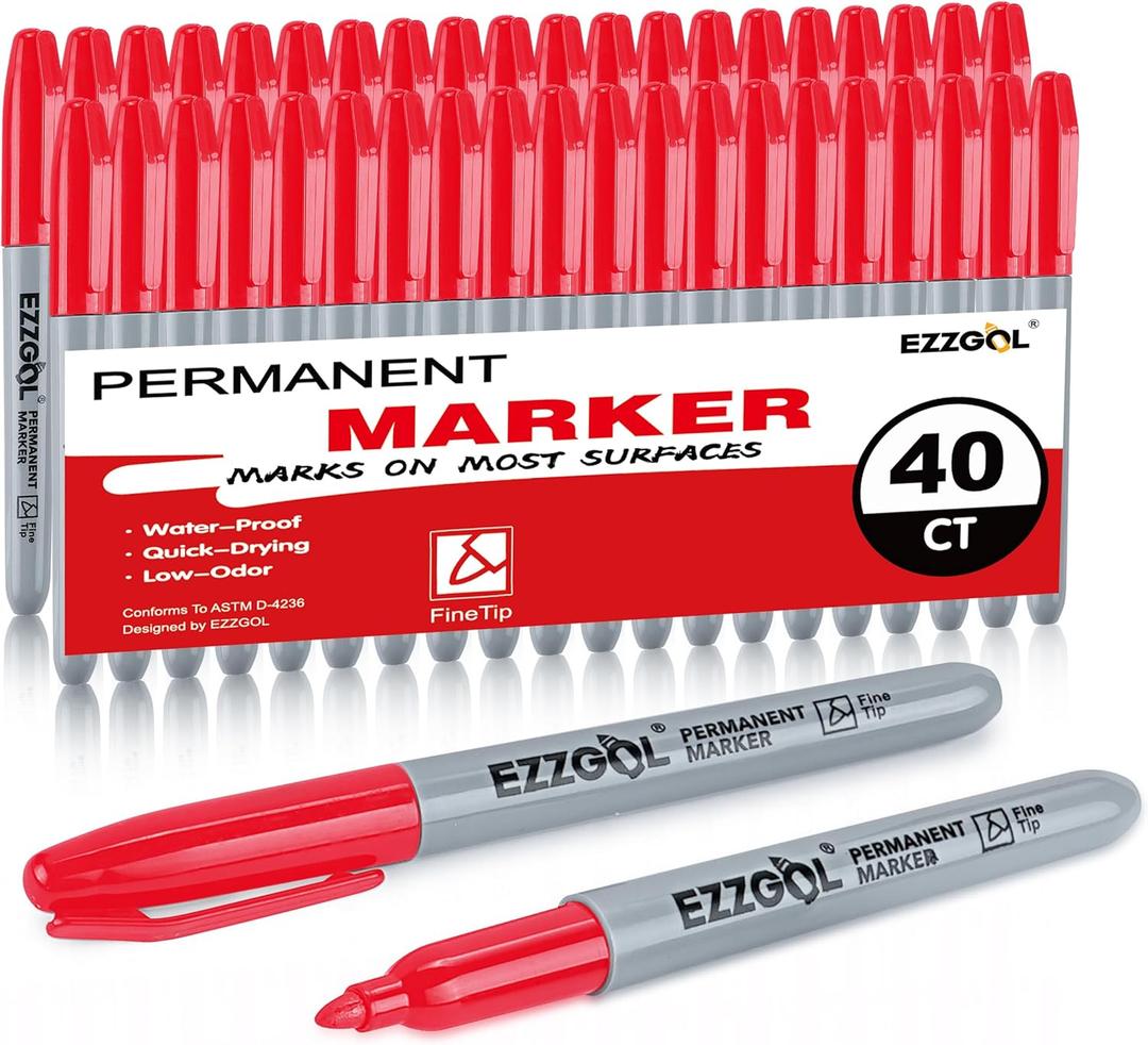 Red Permanent Markers Bulk, 40 Packs Fine Tip Permanent Markers, Waterproof Markers, Premium Smear Proof Pens, Quick Drying, Office Supplies for School, Office, Home