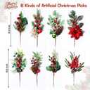 8 Pcs Artificial Christmas Floral Picks, Faux Pine Sprays with Red Berries, Holly Leaves & Pinecones, Greenery for DIY Crafts, Garland, Wreath, Xmas Tree Decor