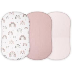TansyPanda Muslin Halo Bassinet Sheets for BassiNest Luxe Swivel, Soothing, Swivel, Lite, Essential Sleeper, 3 Pack, 33 X 17 Inch, Ultra Soft, Snug Fit, Unisex Boys Girls, Gray White (Pink)