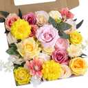 Yellow Pink Flowers Artificial Roses Combo Set Fake Pink Silk Flowers Faux Peony Flowers Mix Dahlia with Stems for Wedding Bouquets Baby Bridal Shower Party Floral Arrangements Decor