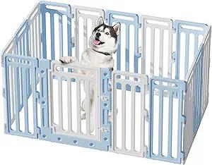 BUMUBI Dog Playpen Fence Clear Pet Puppy Foldable Kennel for Large Medium Dogs Plastic Puppy Enclosure for Cat Rabbit Indoor Whelping Box for Dogs with Gate (Blue + White, 16 Panels+1 Door)