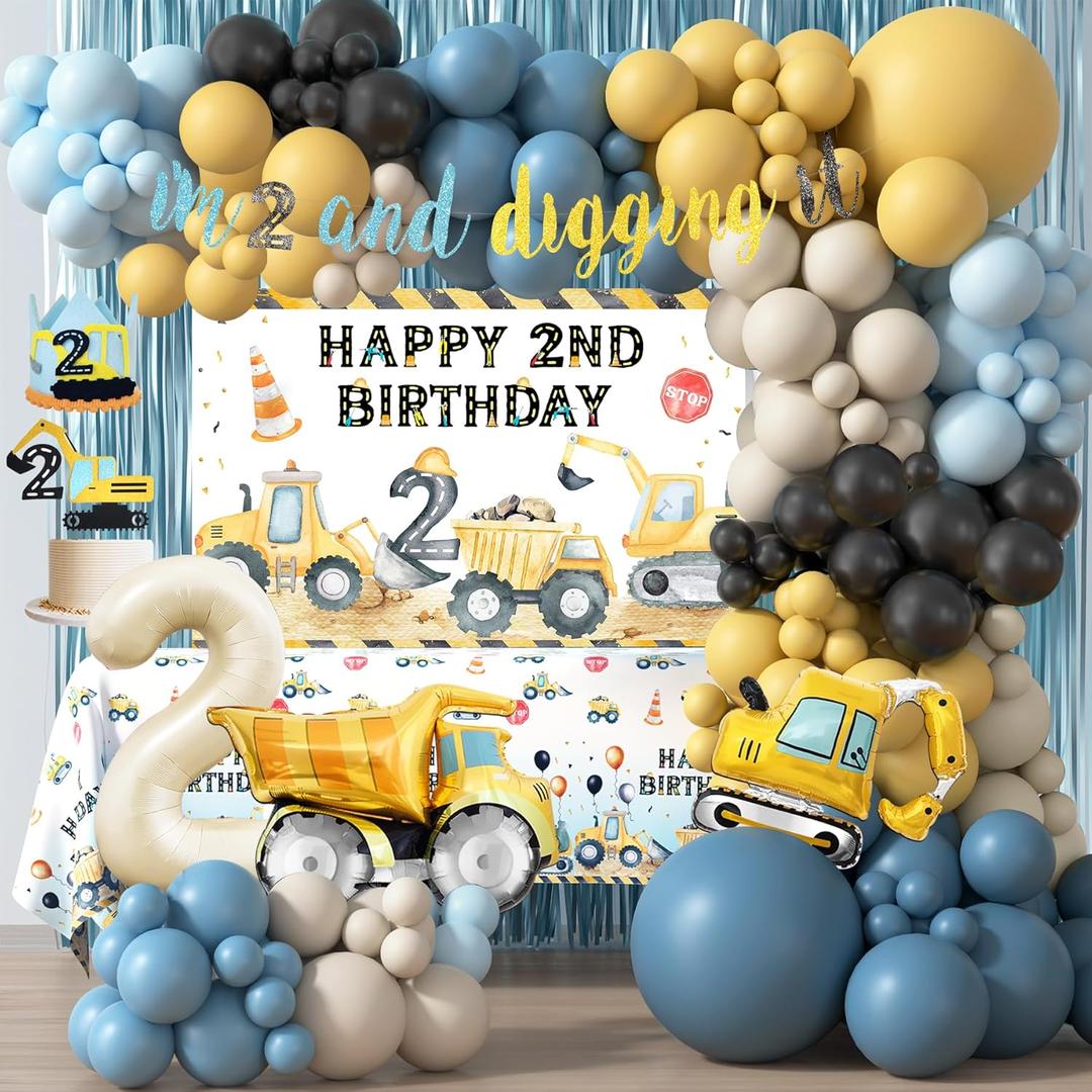 Construction Birthday Party Supplies for 2 Year Old Boy, 2nd Birthday Decorations For Boys, Dump Truck 2nd Bday Backdrop, Cake Toppers, Balloon Garland, Tablecloth, Banner