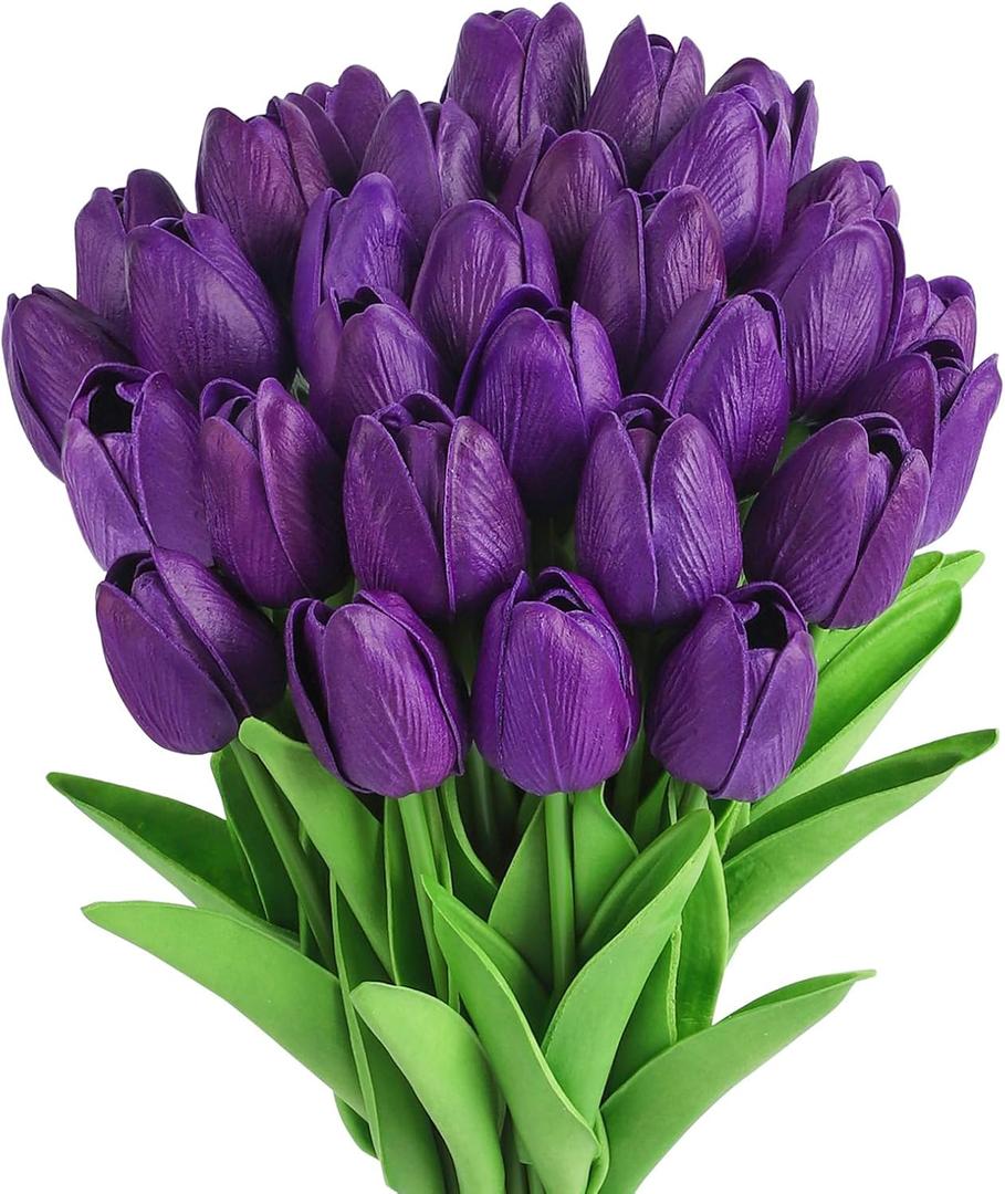 MACTING 30 PCS Artificial Tulip Flowers 13.7" Real Touch Fake PU Tulips Bouquet Faux Purple Flowers for Floral Arrangements Table Centerpiece Kitchen Home Indoor Outdoor Summer Decorations