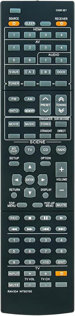 RAV334 WT92700 Replacement Remote Control Commander Compatible with Yamaha A/V Receiver RX-V567 RX-V567BL YHT-693 RX-V467 RX-V467BL YHT-893 HTR-5063 HTR-5063BL HTR-4063 HTR-4063BL YHT-693 RXV567