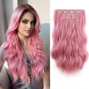 Wavy Natural Fake Hair Extensions Clips for Women Clip ins 4PCS Non-Weft Synthetic Fiber Long Invisible Extension 22Inch Hairpieces For Daily Date Use Light Pink