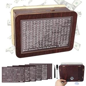 Cash Vault Wooden Savings Box, Piggy Bank for Adults Kids, Coin Bank for Boys and Girls, Unique Savings Challenge Box, Wooden Cash Savings Box with Money Target and Numbers（8 Amounts
