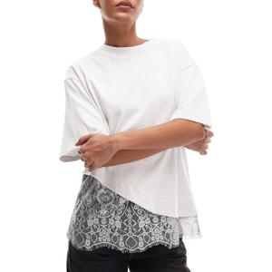 Women's Lace Patchwork Top Summer Daily Relaxed Fit Drop Shoulder Short Sleeve Blouse Casual Weekend T-Shirt (White, X)