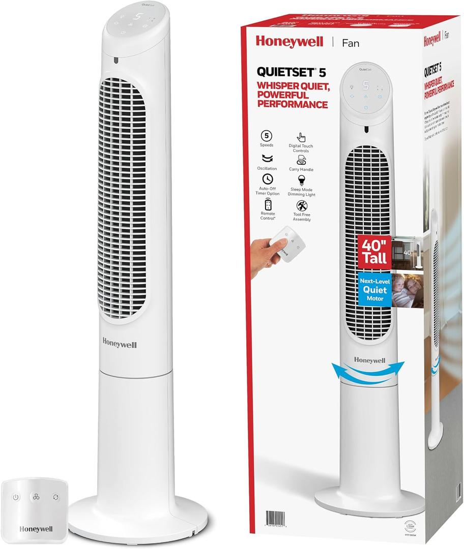 Honeywell 40" Quiet Set Oscillating Tower Fan, 30ft Air Circulation Power, 5 Speed, Remote, LED Display, White, HYF265W, Large