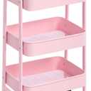 AGTEK 3 Tier Utility Rolling Cart with Lockable Wheels, Metal Multifunctional Storage, Organizer Cart for Kitchen, Office, Living Room, Makeup, Craft, Art Studio, Pink