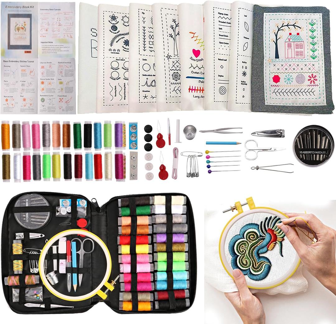 Losaria 100 PCS Complete Embroidery Stitch Kit with Includes Step-by-Step Instructions, Hoops, Threads, Needles & Fabric, All-in-One Portable Starter Set for Adult Beginners & DIY Craft Enthusiasts