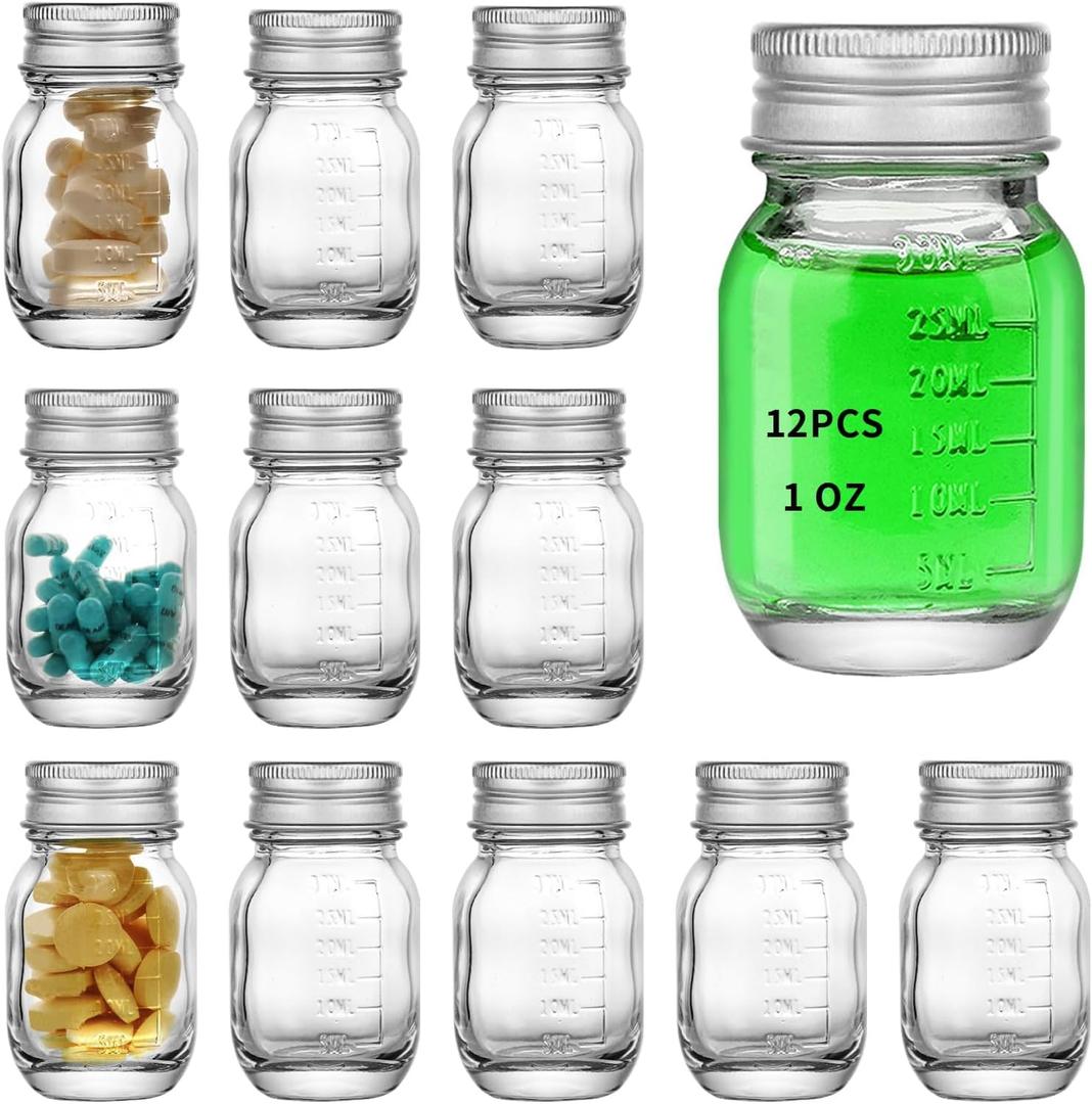 12 PC Glass medicine bottles 1oz 30 ml Glass Reagent Bottles Transparent Sample Jar,Wide Mouth,Screw Cap with Scale for Home, Argent Lid
