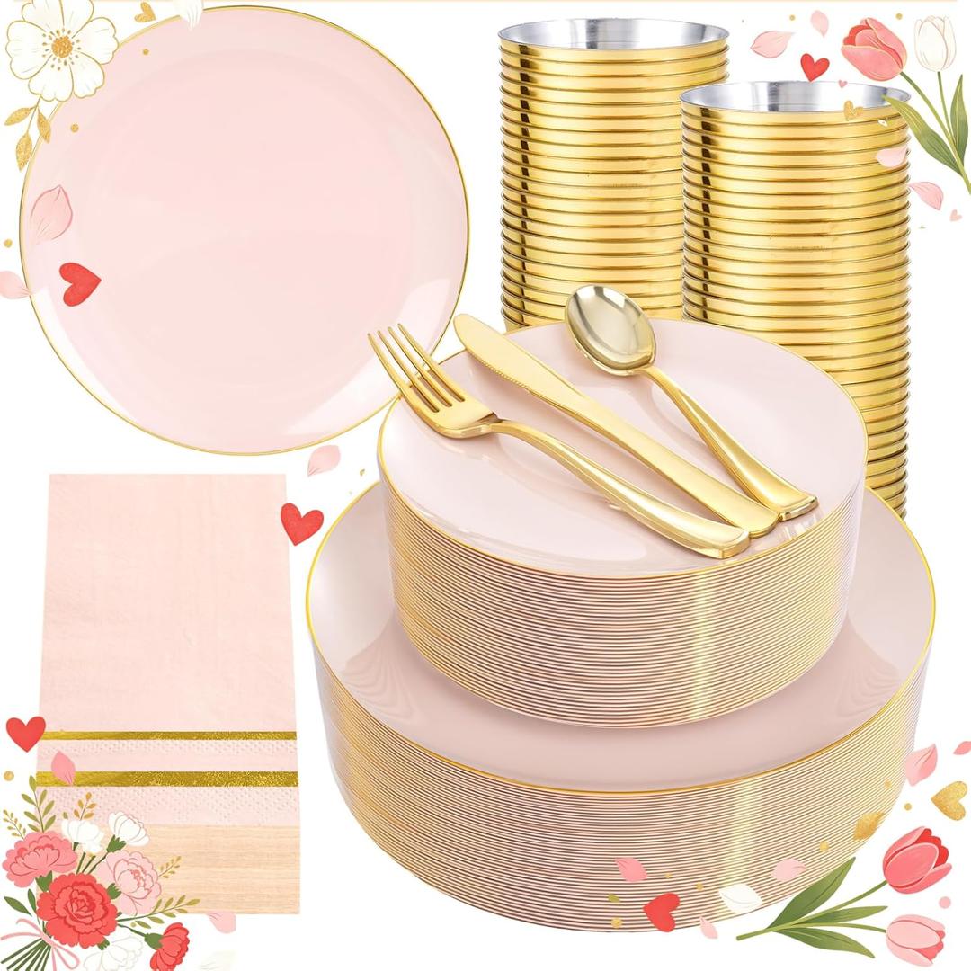 NOCCUR 350PCS Pink Plates Disposable - Pink Gold Plastic Dinnerware Set for 50 Guests Include 100 Dinner/Dessert Plates,150 Cutlery,50 Cups&50 Napkins - Ideal for Party/Wedding/Mother's Day