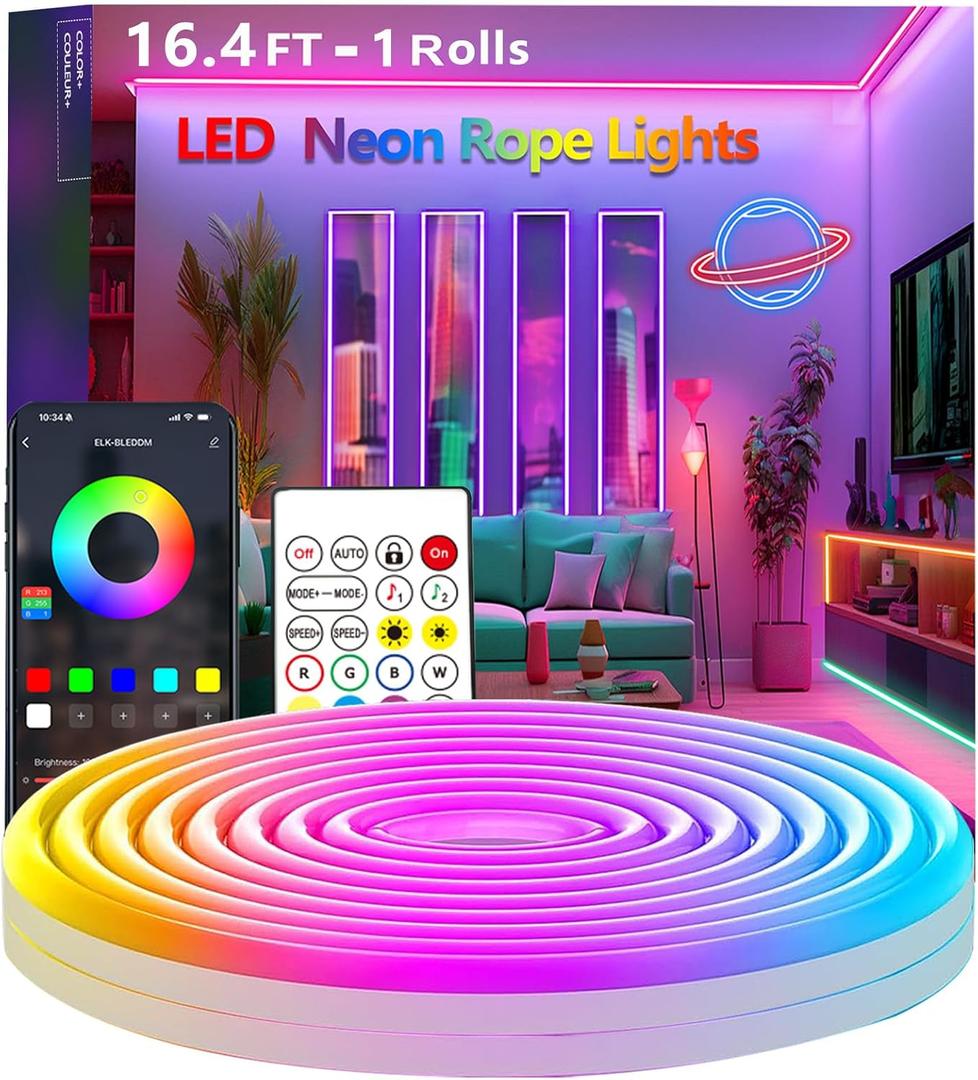 16.4FT Neon Rope Lights,Flexible Led Rope Light Control with App/Remote,Multiple Modes,Music Sync,IP65 Outdoor RGB Led Strip Lights Waterproof