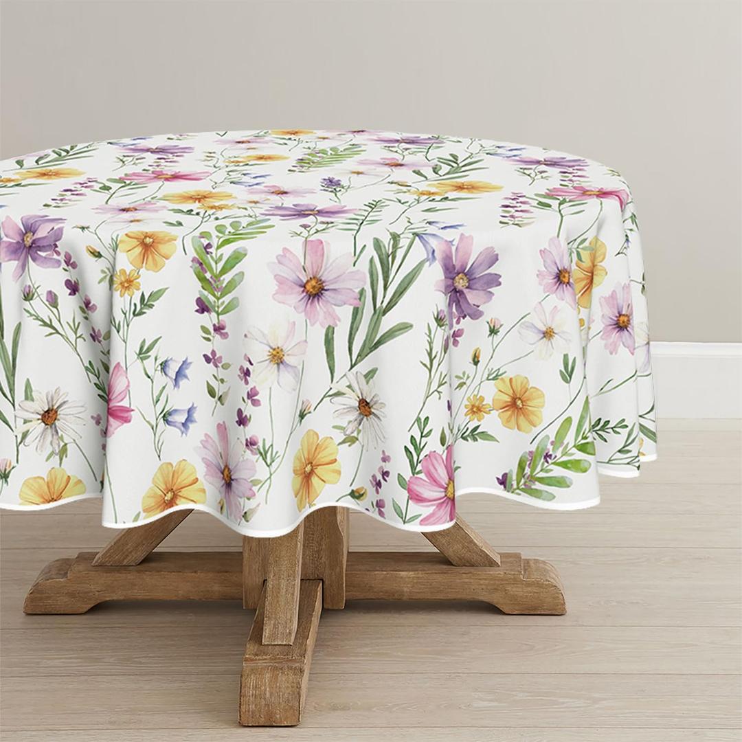 Horaldaily Spring Summer Tablecloth 70x70 Inch Round, Yellow White Purple Daisy Floral Table Cover for Party Picnic Dinner Decor