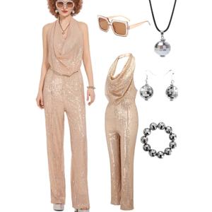 Gold 70s Disco Costume: Women's Sequin Backless Halter Neck Jumpsuit with Disco Ball Accessories