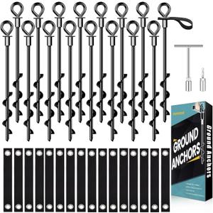Trampoline Anchors Set Of 16 - Heavy Duty Trampoline Stakes - Ground Anchors Resistant High Wind - Ground Stakes Heavy Duty with Straps (Black)
