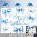 Bow Birthday Backdrop Banner Blue Bow Birthday Glitter Photography Background for Girls Women Bday Party Decorations Baby Shower Banner (8x6FT240x180cm)