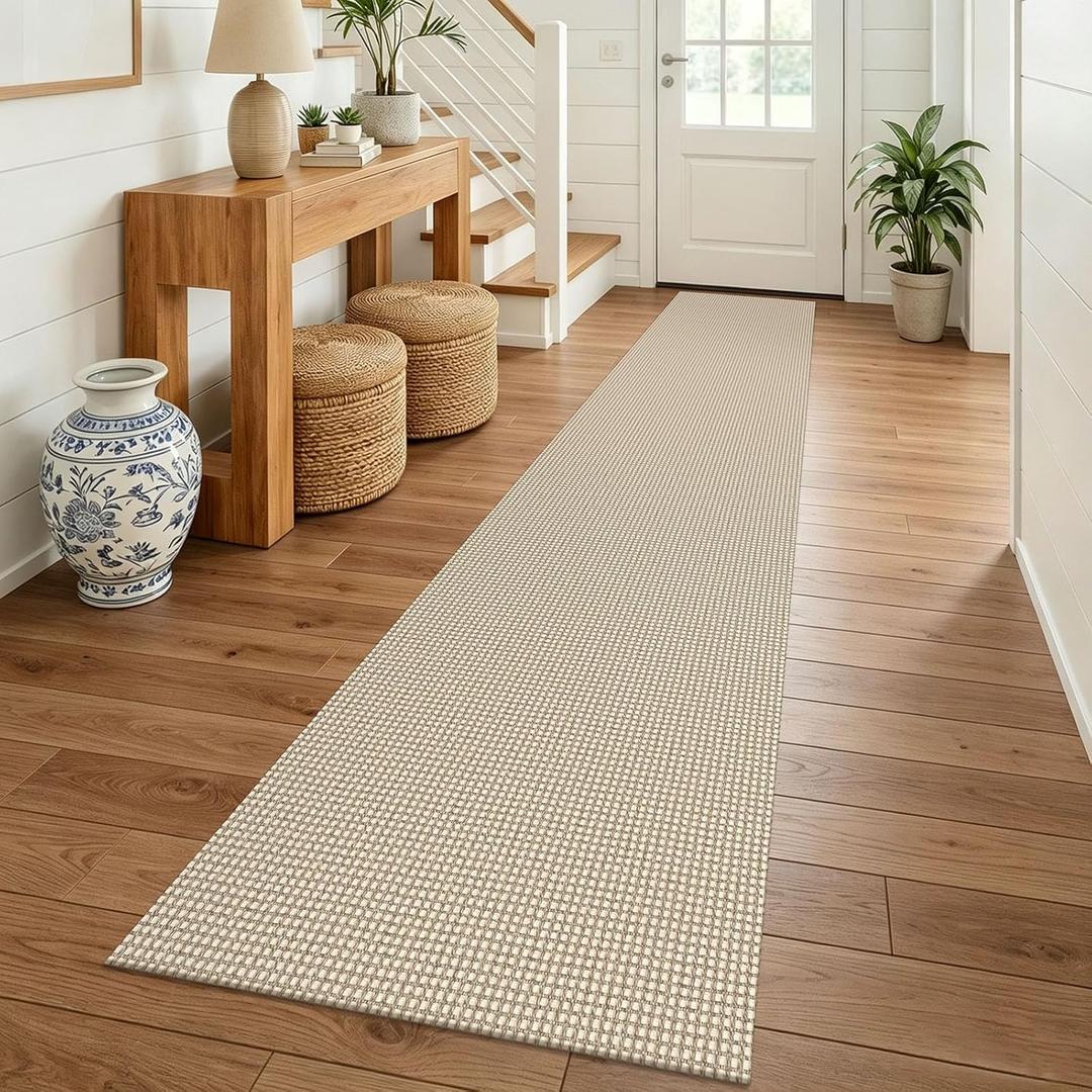 KOZYFLY Cotton 2x12 Runners Rugs for Hallway, Long Washable Runner Rug, Woven Non Slip Kitchen Runner, Braided Entryway Rug, Floor Carpet for Entry, Aisle, Hall, Oatmeal Beige