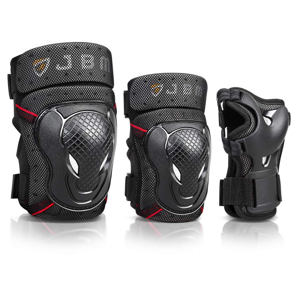 JBM Adult Youth Bike Knee Pads and Elbow Pads with Wrist Guards Protective Gear Set for Biking, Riding, Cycling and Multi Sports Scooter, Skateboard (Black)