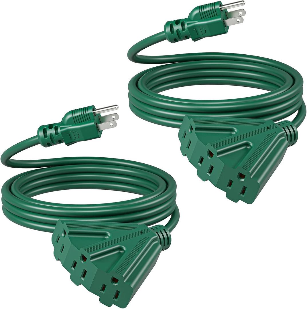 DEWENWILS 10 FT Outdoor Tri-Tap Extension Cord Splitter for Christmas, Weatherproof 16/3 SJTW Power Cable for Holiday Decoration and Outdoor Landscaping String Lights, ETL Listed, Pack of 2, Green