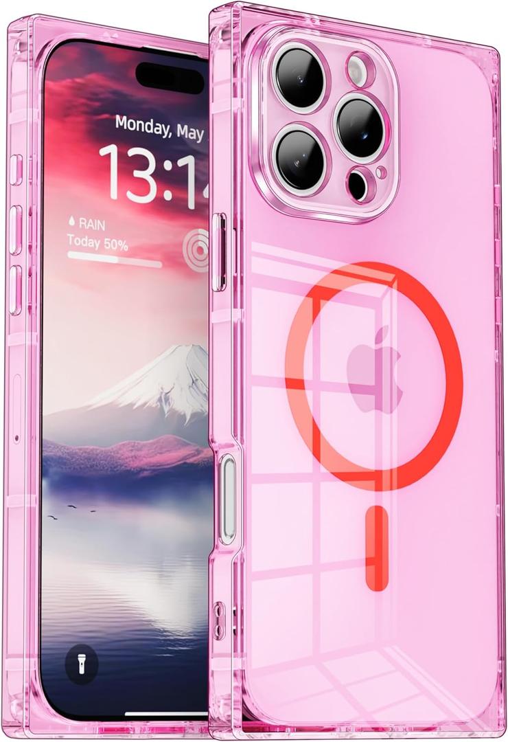 IAIYOXI Rectangle Edge Magnetic Clear Case for iPhone 14 Pro, Compatible with MagSafe, Full Camera Protection & Reinforced Corners, Thin Slim Shockproof TPU Phone Cover for Women Girls, Pink