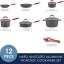 Rachael Ray Cucina Dishwasher-Safe Hard-Anodized Pots and Pans Set Non Stick Cookware, 12-Piece, Gray with Red Handles