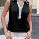 Tankaneo Womens V Neck Cropped Tank Tops Button Up Color Block Tees | Sleeveless Shirts, Loose Fit, Summer Dressy Casual
