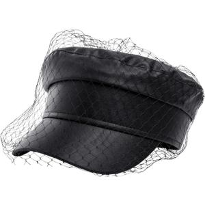 Beret Hats for Women PU Leather Newsboy Fiddler Cap with Veil Casual Baker Boy Captain Hat (Medium)
