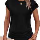 SAMPEEL Womens Summer Tops Trendy 2025 Ruched Cap Short Sleeve Tshirts Shirts Crew Neck T Shirts Fashion (Medium, All Black)