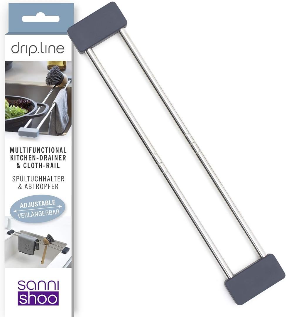 Sanni Shoo drip.line Pure Anthracite - Versatile and Adjustable Kitchen Rack Drip Tray for Dishcloths, Brushes, and Bottles - Hygienic Storage - Made of Stainless Steel and Silicone