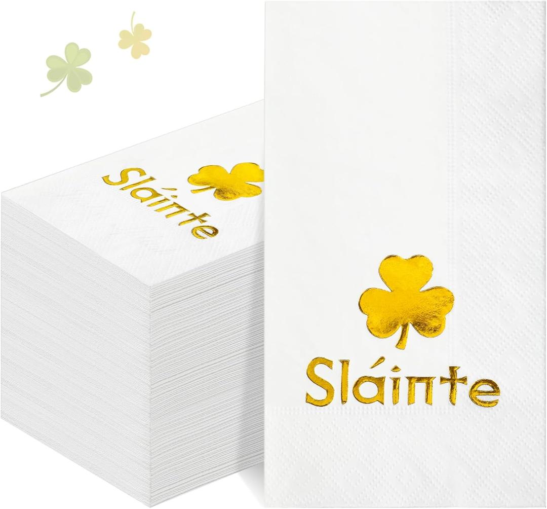Funrous 100 Pcs St. Patrick's Day Guest Napkins Foil Gold Slainte Shamrock Paper Napkin White Irish Disposable Hand Towel for St Patrick Irish Party Dinner Bathroom Decoration Supplies (100, Slainte)