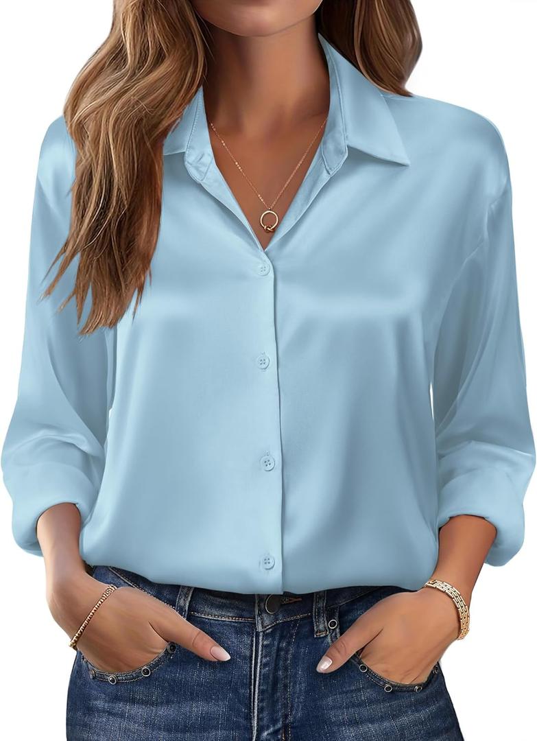 Zeagoo Womens Tops Long Sleeve Satin Silk Button Down Shirts Casual Business Dressy Blouses Fall Clothes (Small, Light Blue)
