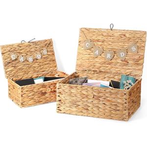 Geelin 2 Set 2 Size Rustic Wedding Card Basket Set Water Hyacinth Decorative Wicker Basket Boxes with Letter Flag Suitable For Baby Shower Birthday Party Graduation Ceremonies Bridal Supplies