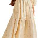 Women Floral Embroidered Maxi Dress Long Puff Sleeve Square Neck Bohemian Flowy Dress with Pockets Summer Fall (Small, Beige)
