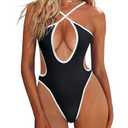 HYPERFIRE Women's Sexy Criss Cross Halter Contrast Binding Swimsuit One Piece Monokini Bathing Suit Black and White X-Large