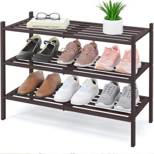 Smiry Bamboo Shoe Rack, 3 Tier Free Standing Wooden Shoe Organizer, Stackable Wood Shoe Storage Shelf for Closet, Entryway, 5 Horizontal Slats, 26.8"x11"x18.3", Brown