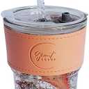 13oz Salmon Pink Glass Tumbler with Glass Straw and Plastic Lid, Vegan Leather Sleeve, Iced Coffee Cup, Double Walled, Car Friendly Tumblers, Hot Coffee, Cold Drinks, Sleeved Mug (1 Count)