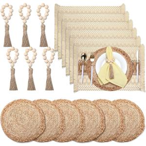 Zhehao 6 Set/18 Pcs Boho Table Placemats, Spring Natural Cotton Burlap, Grass Woven Mats, Macrame Table Decor Farmhouse Style with Tassels Beads Napkin Rings for Wedding Engagement Party