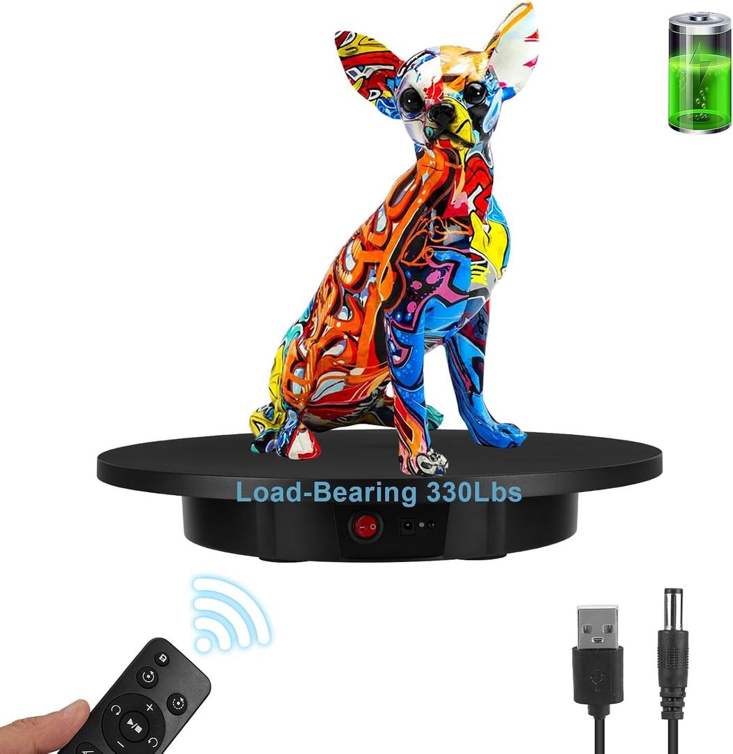 Motorized Rotating Display Stand, Rechargeable Rotating Platform 330 Lbs Load 360 Degree Mute Remote Control Angle Speed Electric Rotating Turntable for Photography Products Live Video Show, Black