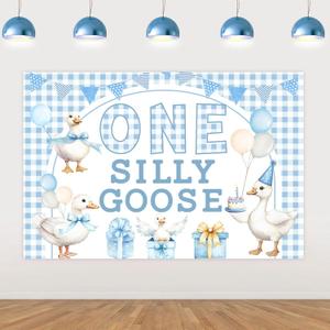 Goose First Birthday Decorations for Boy 5 * 3ft Blue One-Silly-Goose Backdrop Banner Silly Geese Birthday Decorations Farm Animal First Bday Supplies for Duck Bday Funny Geese Bash