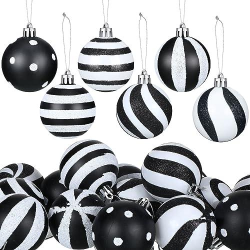 Riceshoot 24 Pcs Christmas Black and White Ball Ornaments Xmas Plastic Stripe Dot Hanging Ball for Christmas Tree Party Decoration Supplies(2.36 Inch)