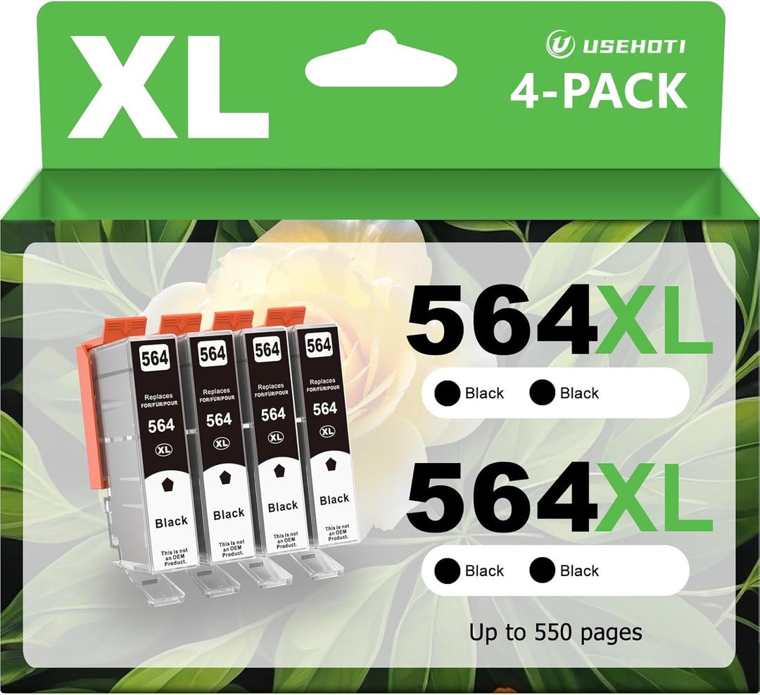 564 XL Black Compatible for HP 564 Ink Cartridges High Yield Work with Photosmart 7520 5510 5520 5514 6510 B8550 C6324 C6340 6350 6375 Printer (4 Black)