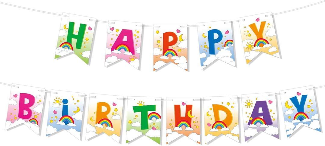 Cute Bear Themed Happy Birthday Banner, Pre-Strung Rainbow Cloud Sun Star Theme Party Decoration Colorful Cartoon Banner for Boys Girls Birthday Baby Shower Supplies