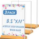 3 Pack Acrylic Sign Holder 8.5 x 11 Inch, Wood Base Signs Stand for Menu Flyer Display, Table Clear Plastic T Shape Holder for Stores, Restaurants, Hotels, Office, Farmers Market Show Fair Decor
