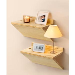 Floating Nightstand, Rustic Wooden Floating Bedside Table Z-Shape Wall Mounted Nightstand Small Hanging Night Stands for Bedroom (2, Natural Wood)