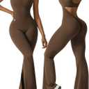 Vertvie Sleeveless Flare Jumpsuits for Women Sexy Backless Bodycon V Back Scrunch Butt Yoga Rompers Seamless Workout Bodysuit (Small, Coffee)