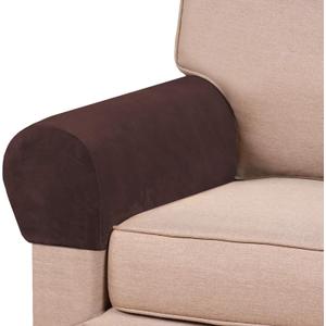PrinceDeco 2 Pack Thick Velvet Stretch Armrest Covers for Chairs and Sofas - Non Slip Armchair Covers for Arms, Brown