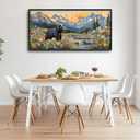 Extra Large Framed Abstract Black Bear Mountain Wall Art,Colorful Wildflower Forest Landscape Wall Decor Pictures for Living Room,Canvas Print Painting Modern Artwork Bedroom Office Bathroom 60L x30W