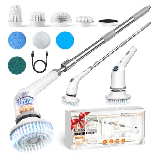 Electric Spin Scrubber,Cordless Cleaning Brush,Bathroom Shower Scrubber with Long Handle Adjustable,3 Speeds,IPX7 Waterproof,Digital Display,8 Replaceable Brush Heads for Tile Bathtub Car Kitchen Wall