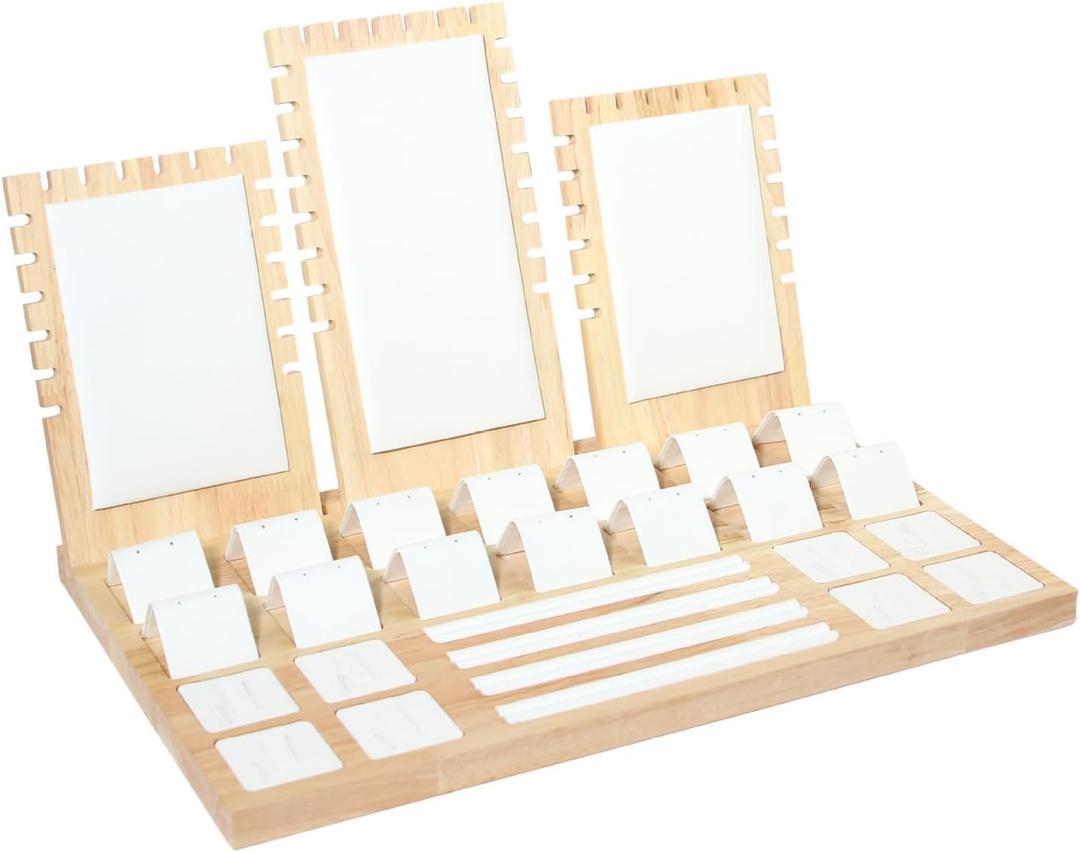 Wooden Jewelry Display Stand Set Pendant Necklace Display Holder Ring Earrings Bracelet Tabletop Storage Organizer Stand Set Combination for Show (White)